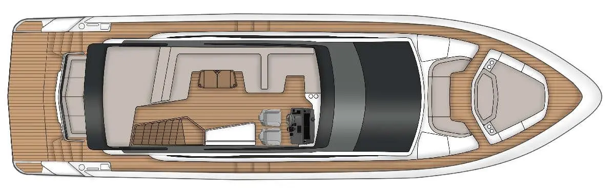 Top-down view of a luxury motorboat interior featuring seating, a control panel, and wooden decking.
